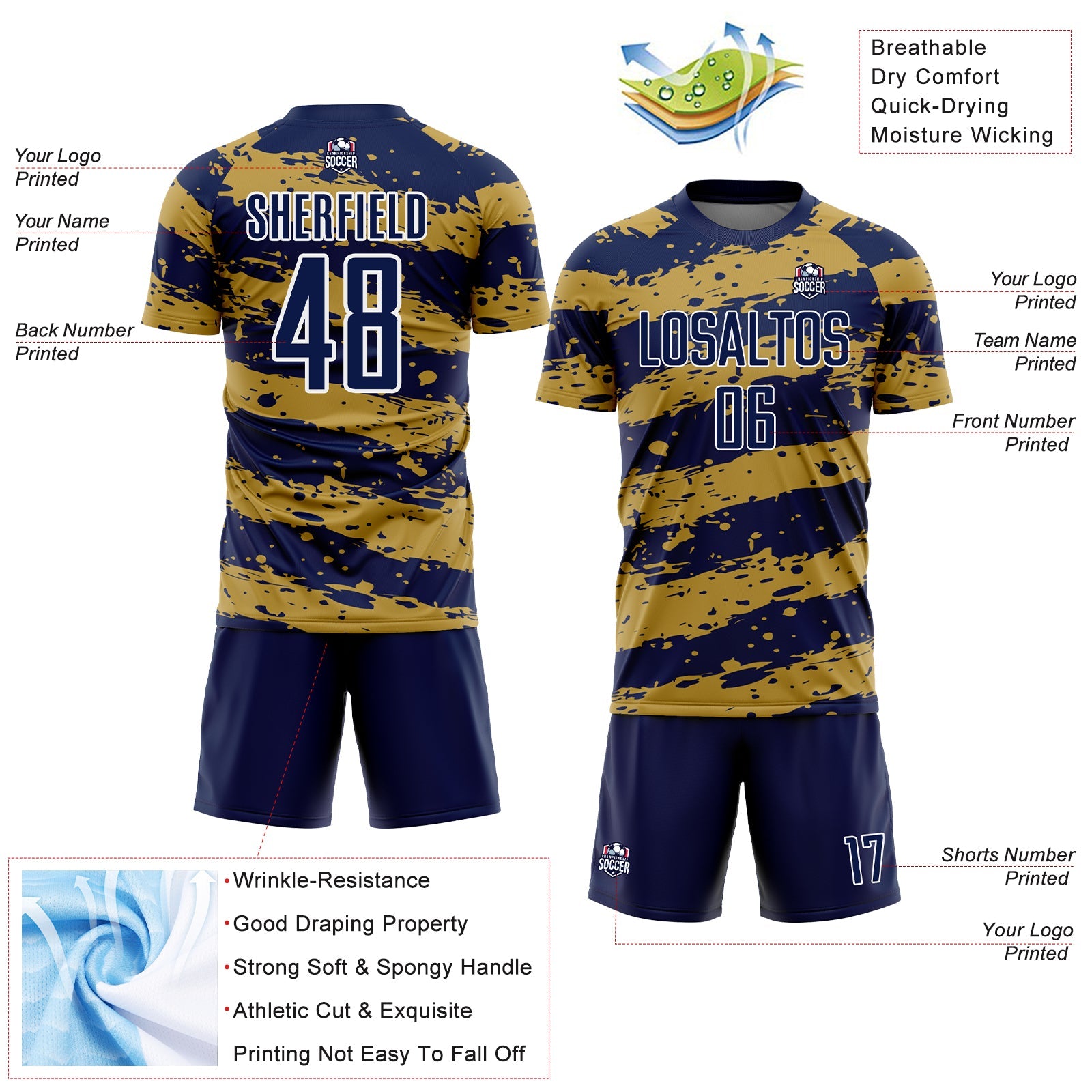 Custom Navy Old Gold-White Splash Sublimation Soccer Uniform Jersey view 4