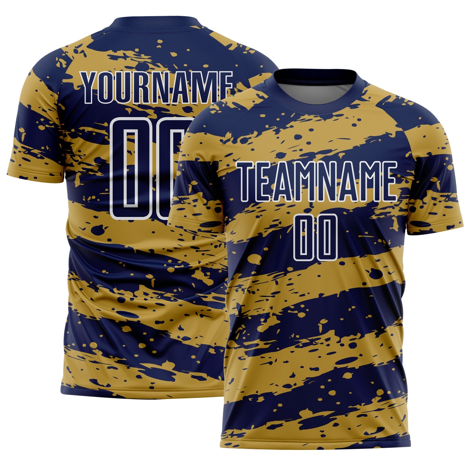 Custom Navy Old Gold-White Splash Sublimation Soccer Uniform Jersey - Main View