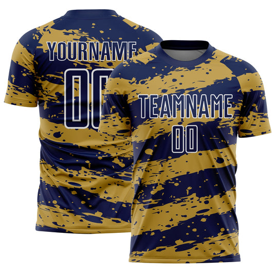Custom Navy Old Gold-White Splash Sublimation Soccer Uniform Jersey - Main View
