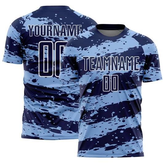 Custom Navy Light Blue-White Splash Sublimation Soccer Uniform Jersey - Main View