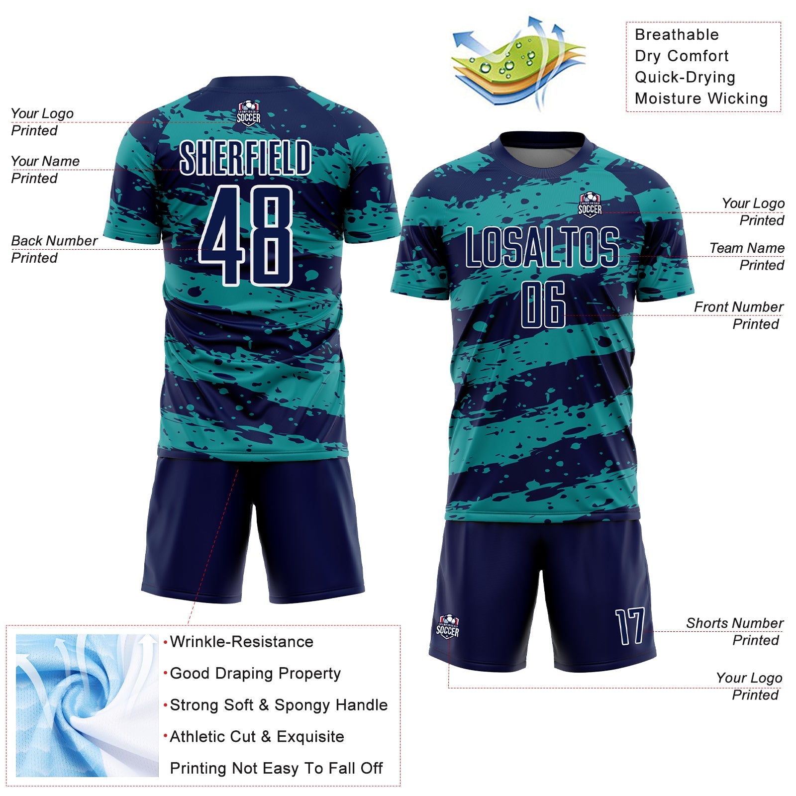 Custom Navy Teal-White Splash Sublimation Soccer Uniform Jersey view 4