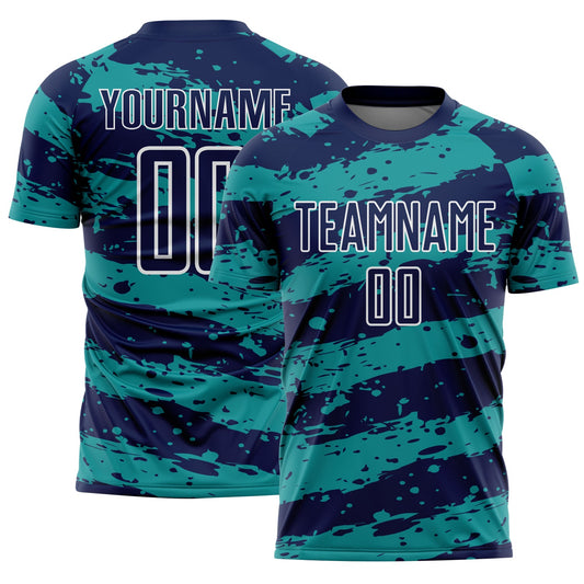 Custom Navy Teal-White Splash Sublimation Soccer Uniform Jersey - Main View