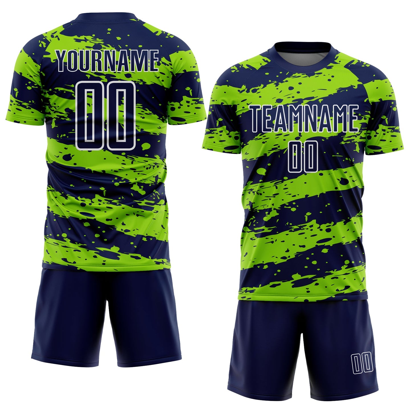 Custom Navy Neon Green-White Splash Sublimation Soccer Uniform Jersey view 2