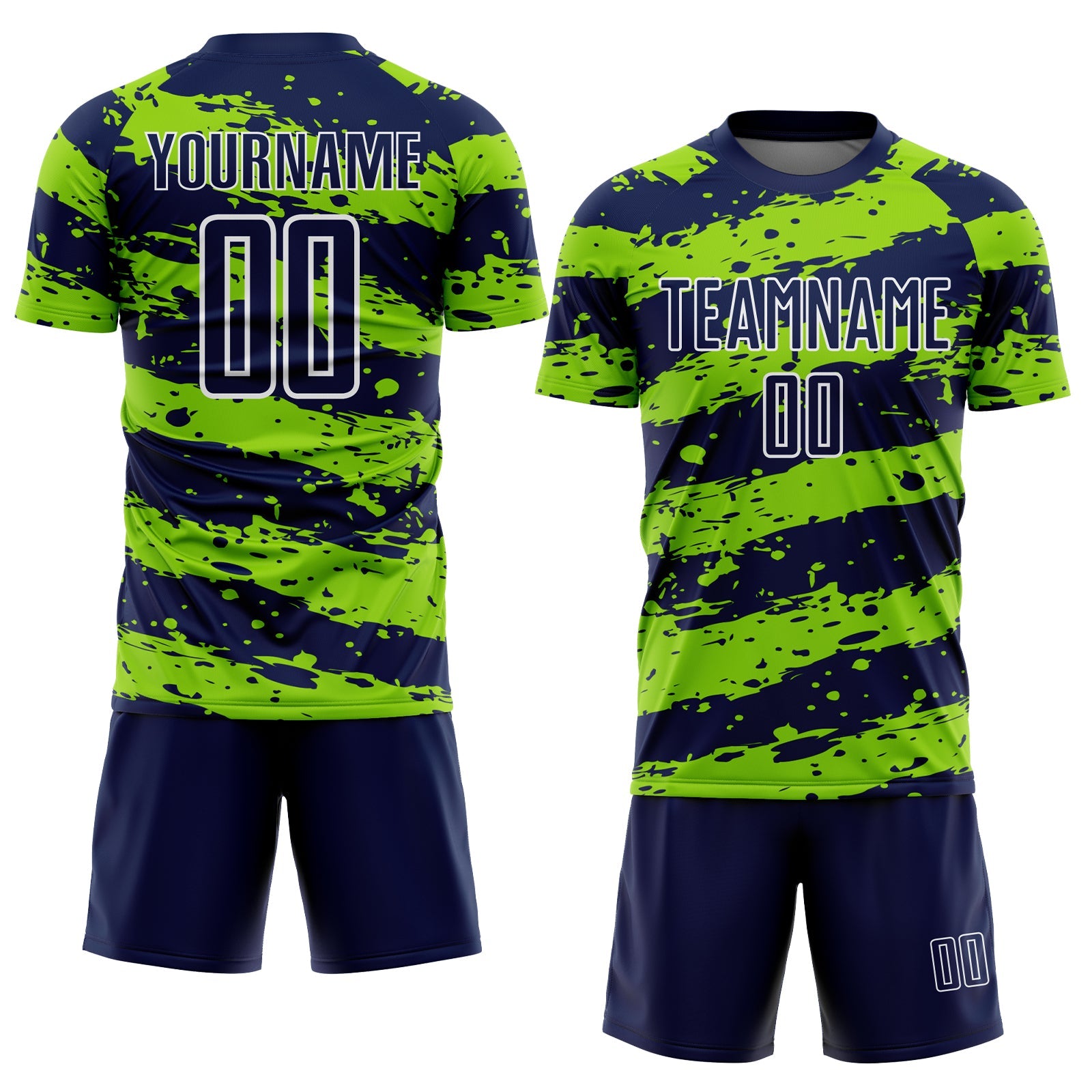 Custom Navy Neon Green-White Splash Sublimation Soccer Uniform Jersey view 2