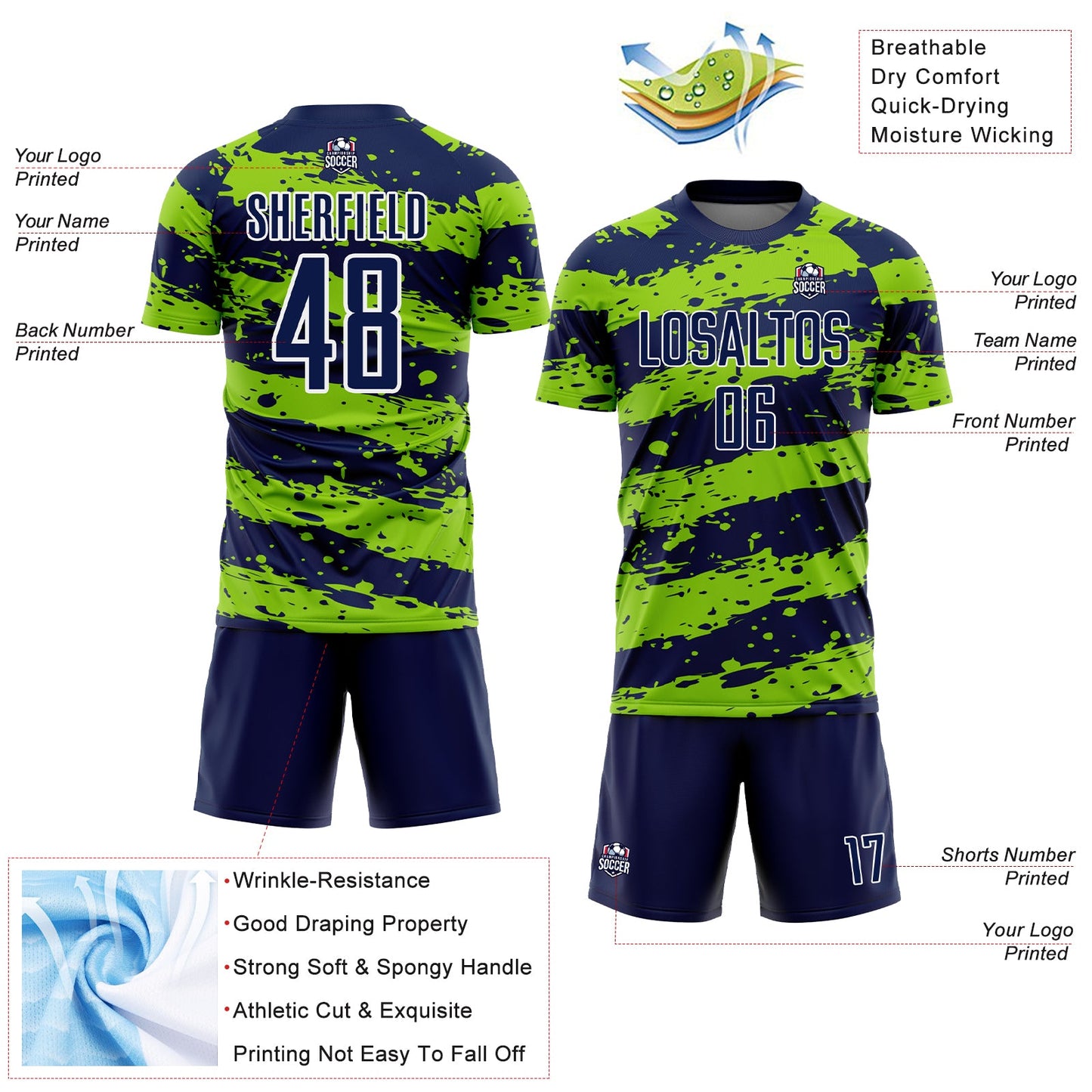 Custom Navy Neon Green-White Splash Sublimation Soccer Uniform Jersey view 4
