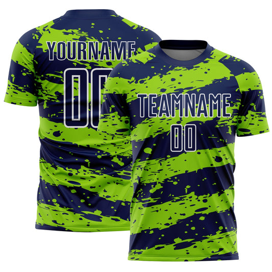 Custom Navy Neon Green-White Splash Sublimation Soccer Uniform Jersey - Main View