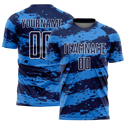 Custom Navy Powder Blue-White Splash Sublimation Soccer Uniform Jersey - Main View