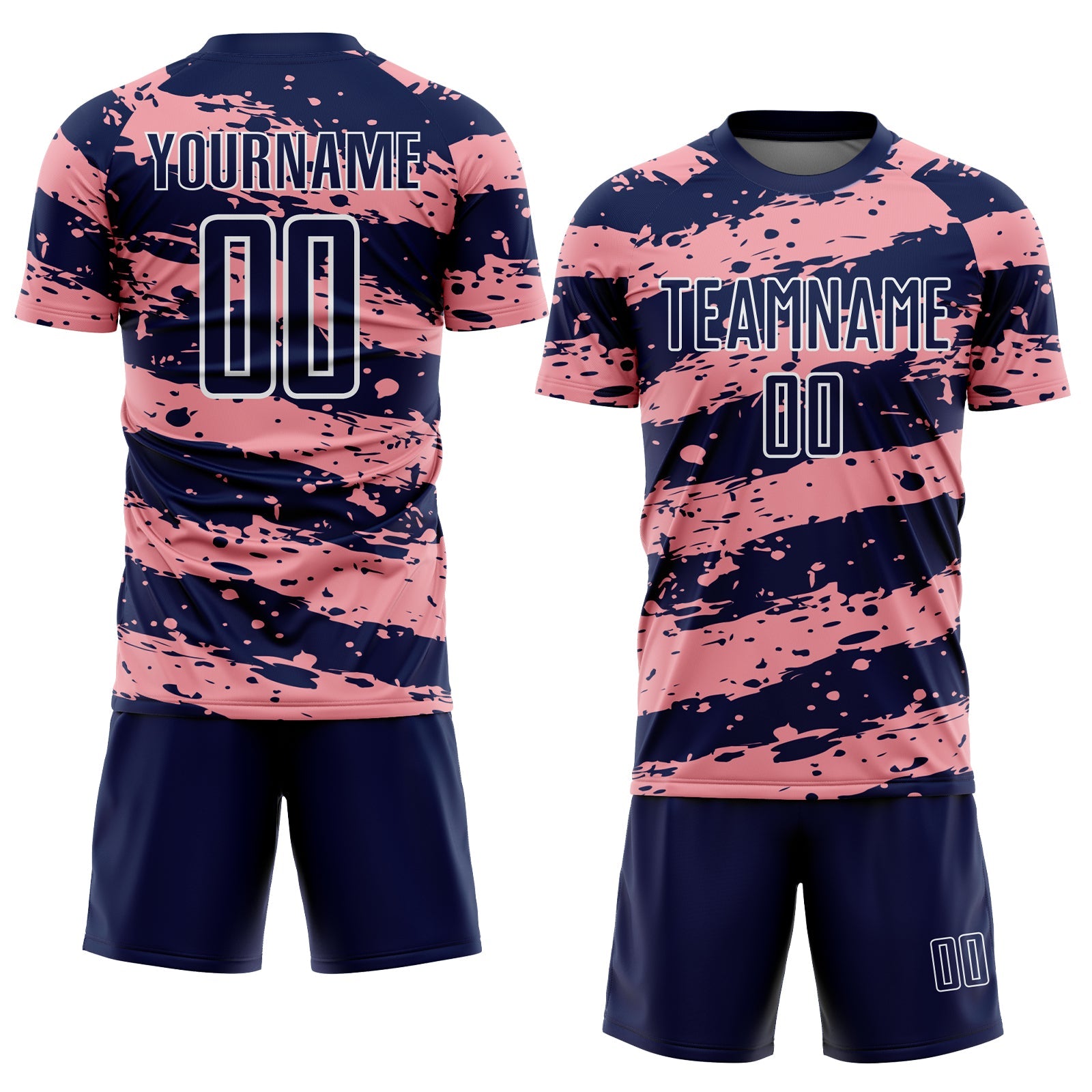 Custom Navy Medium Pink-White Splash Sublimation Soccer Uniform Jersey view 2