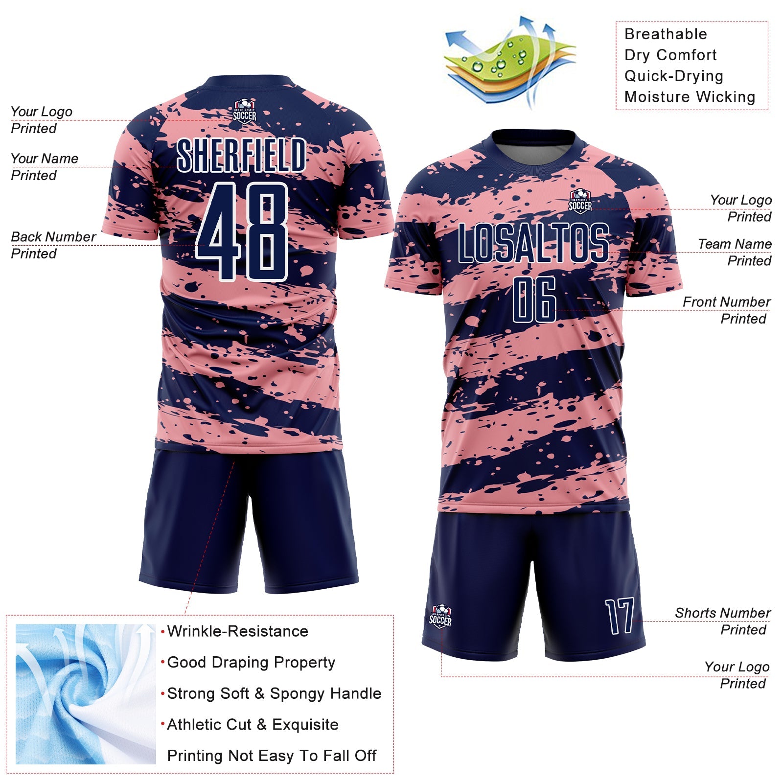 Custom Navy Medium Pink-White Splash Sublimation Soccer Uniform Jersey view 4
