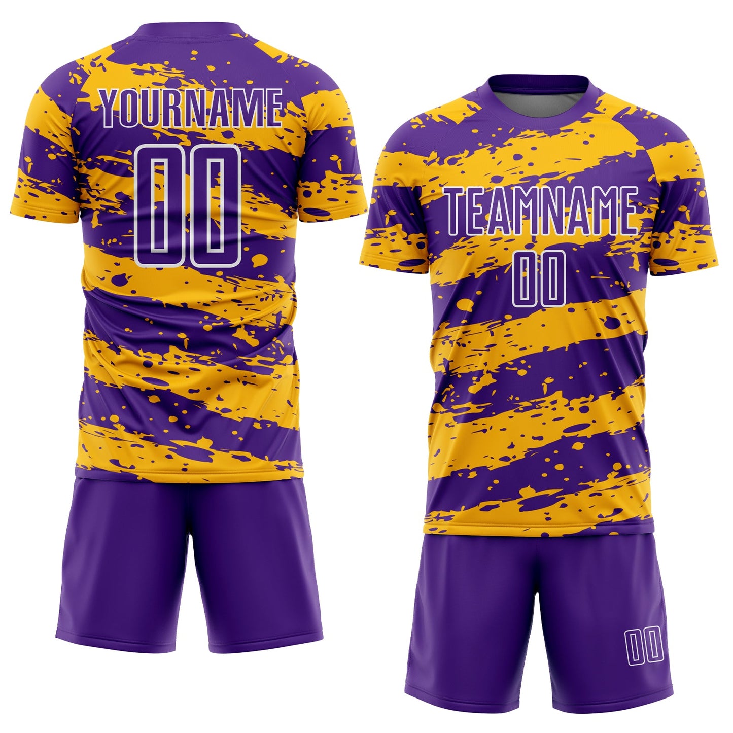 Custom Purple Gold-White Splash Sublimation Soccer Uniform Jersey view 2