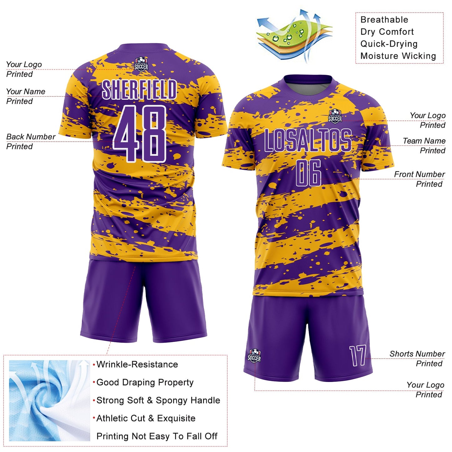 Custom Purple Gold-White Splash Sublimation Soccer Uniform Jersey view 4