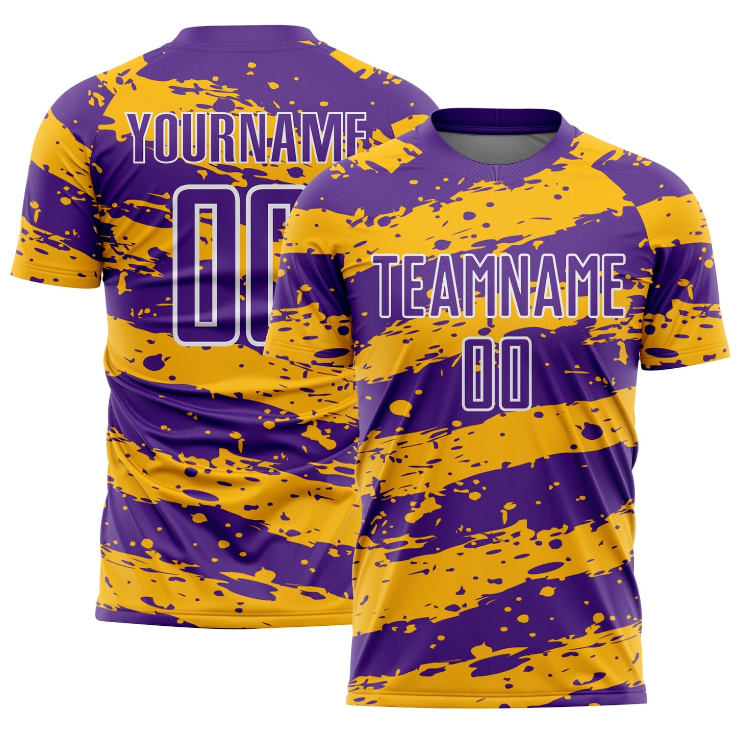 Custom Purple Gold-White Splash Sublimation Soccer Uniform Jersey - Main View