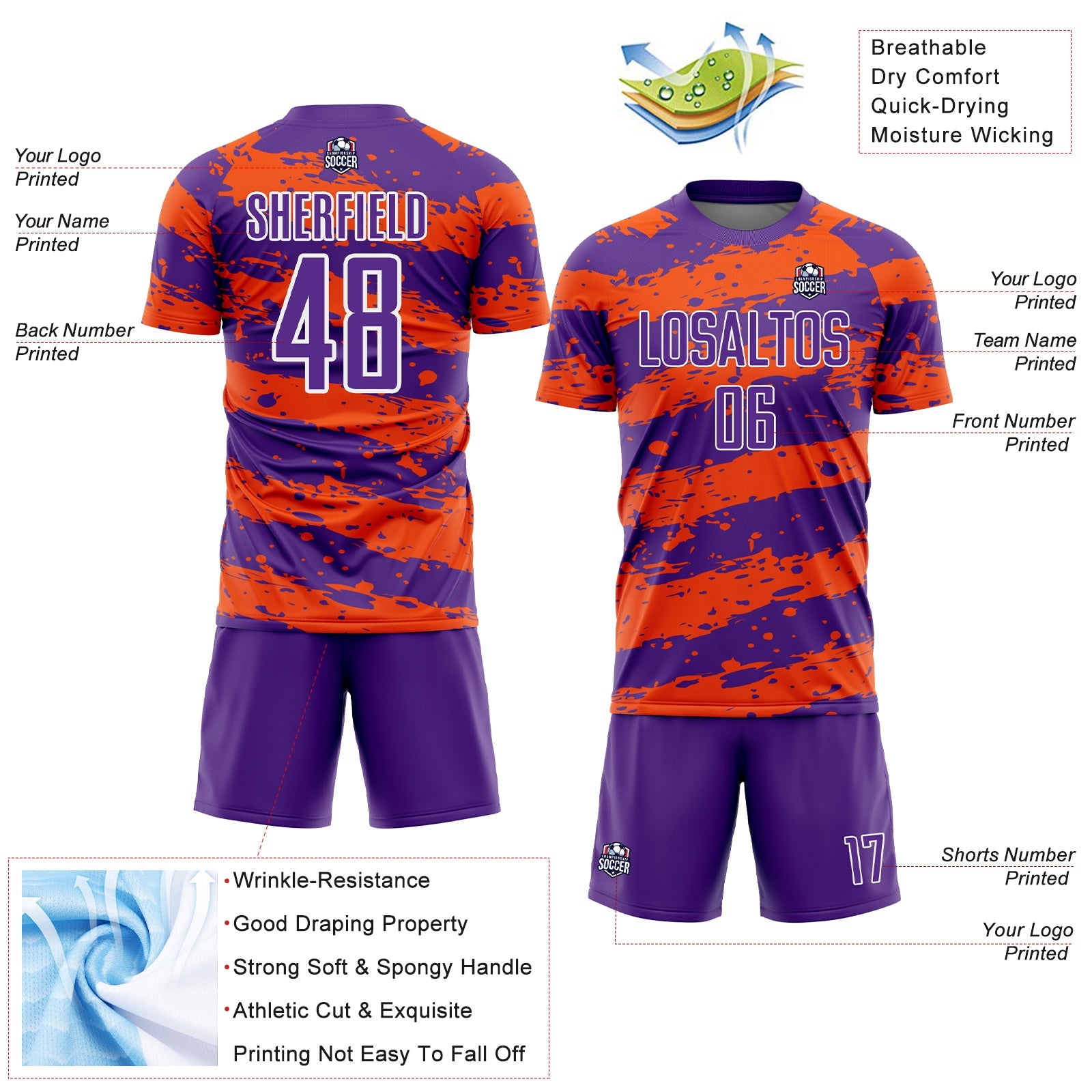 Custom Purple Orange-White Splash Sublimation Soccer Uniform Jersey view 4