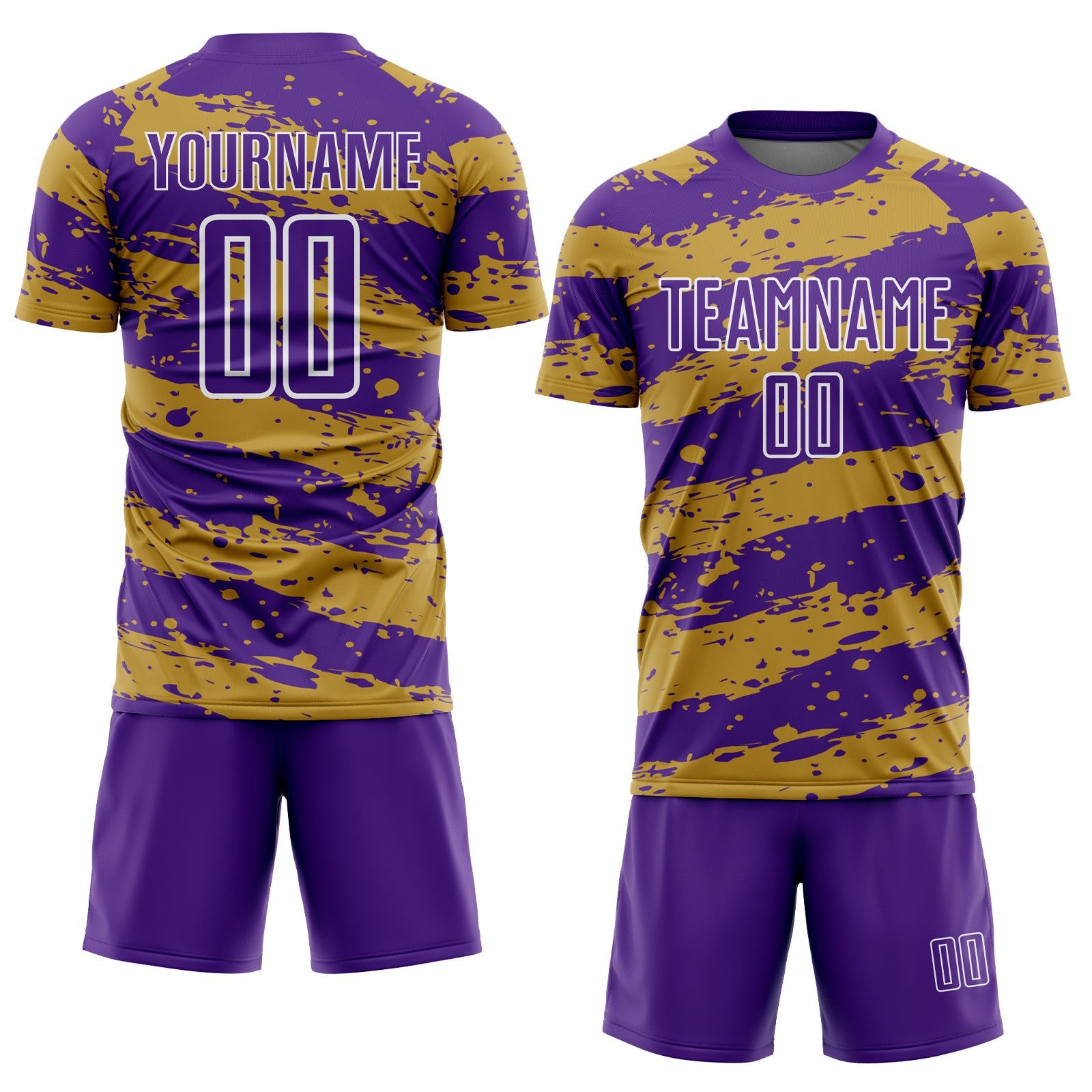 Custom Purple Old Gold-White Splash Sublimation Soccer Uniform Jersey view 2