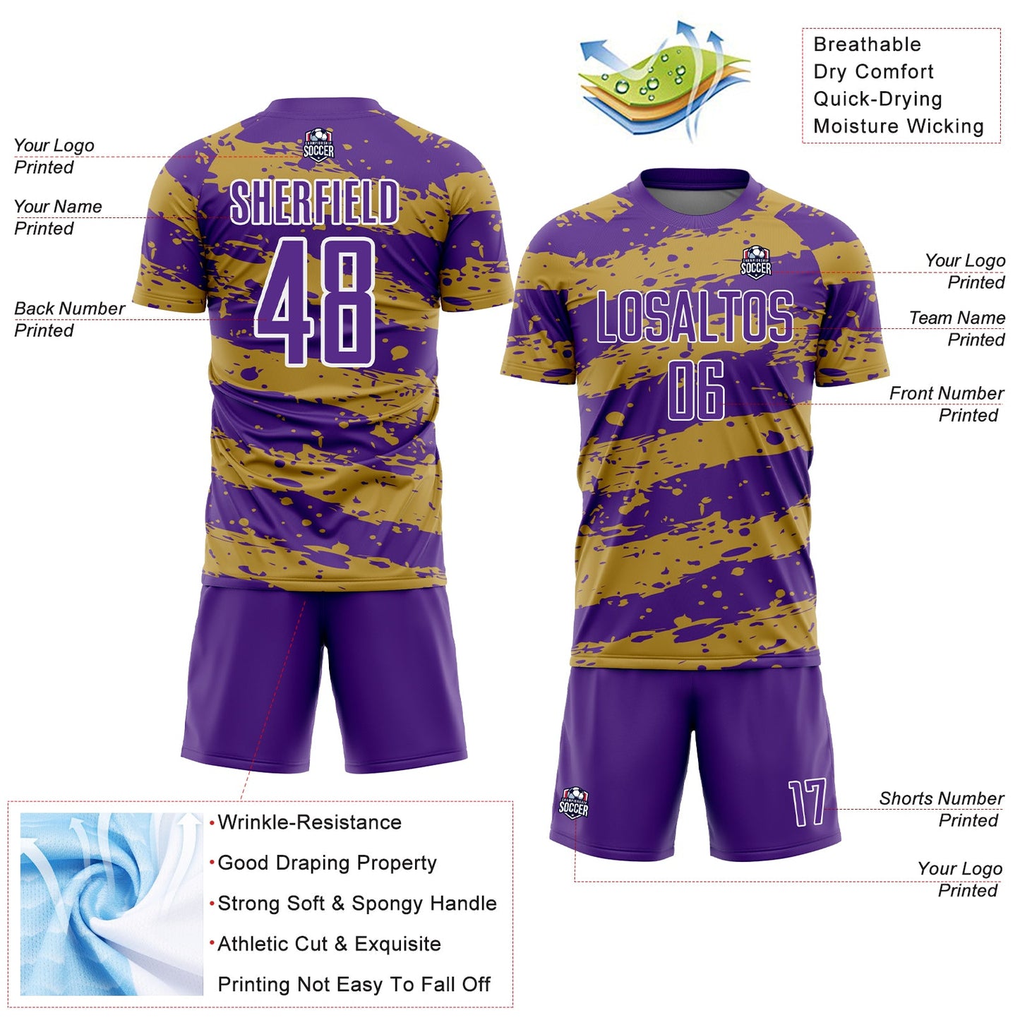 Custom Purple Old Gold-White Splash Sublimation Soccer Uniform Jersey view 4