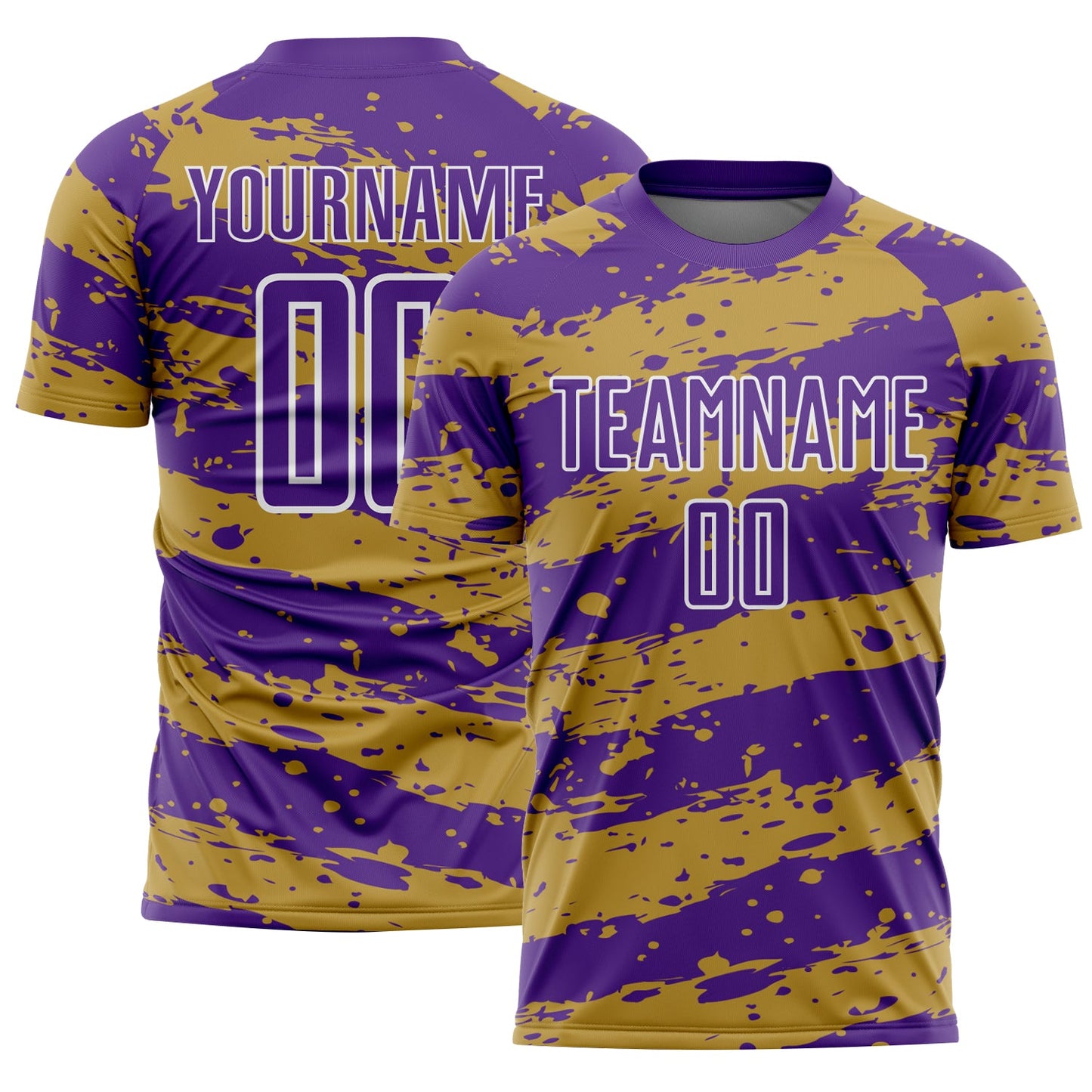 Custom Purple Old Gold-White Splash Sublimation Soccer Uniform Jersey - Main View