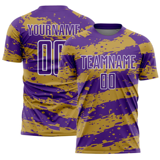Custom Purple Old Gold-White Splash Sublimation Soccer Uniform Jersey - Main View
