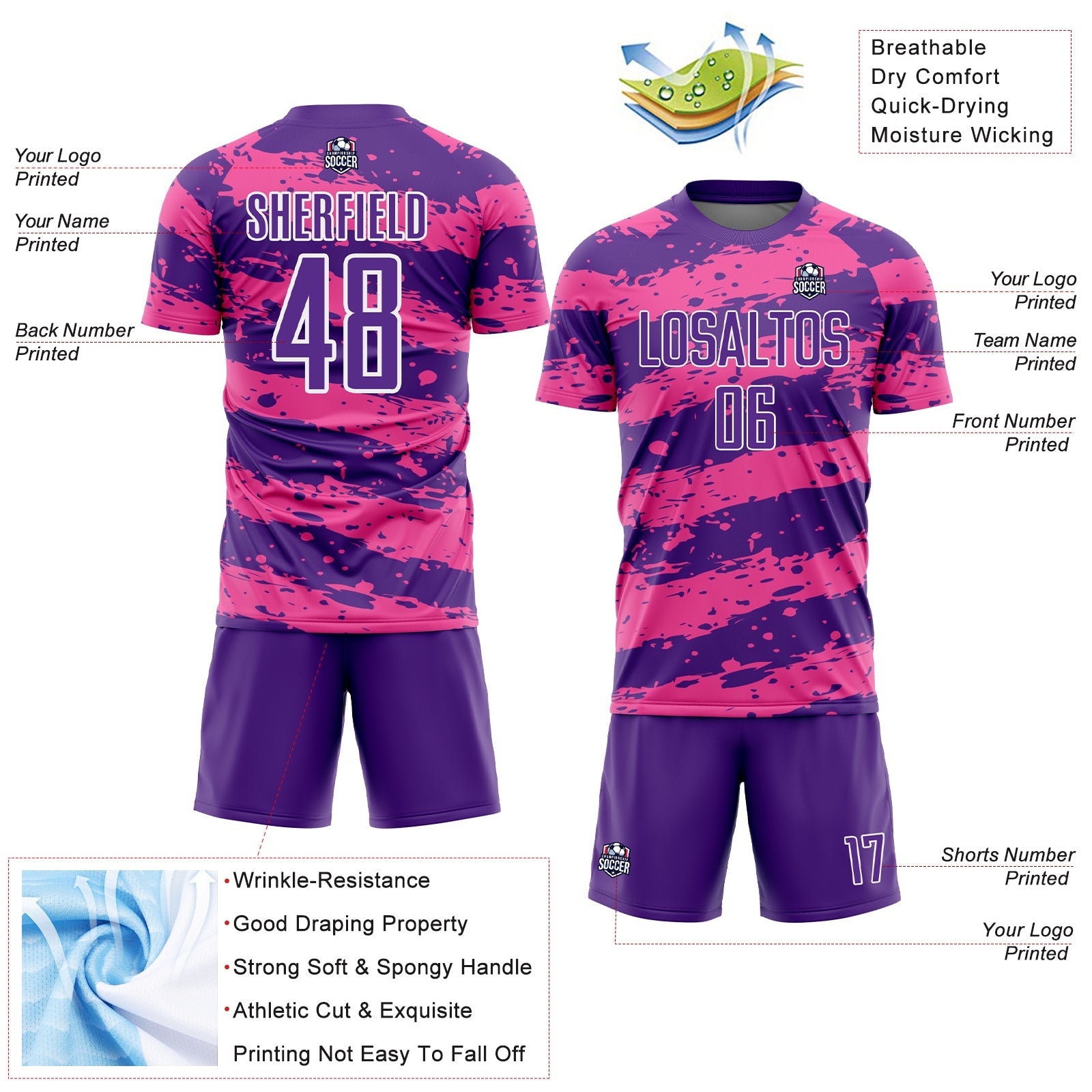 Custom Purple Pink-White Splash Sublimation Soccer Uniform Jersey view 4
