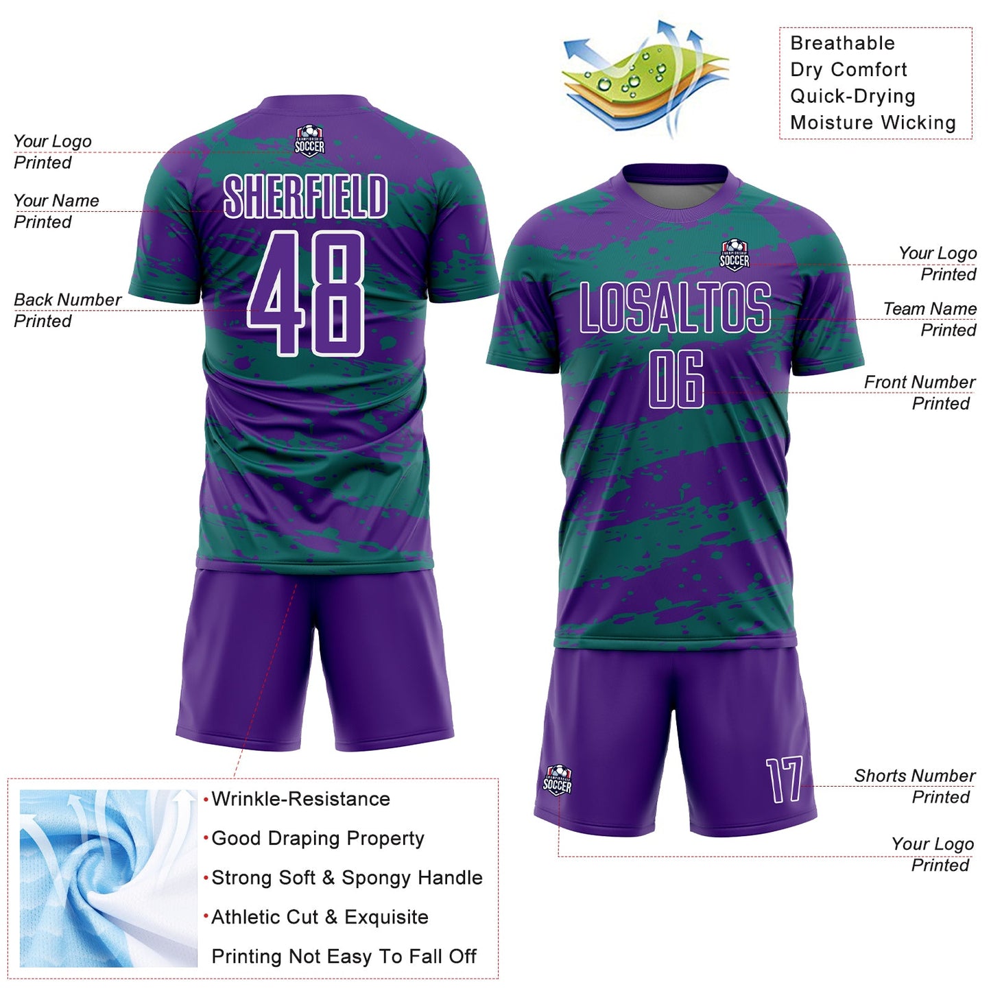 Custom Purple Teal-White Splash Sublimation Soccer Uniform Jersey view 4