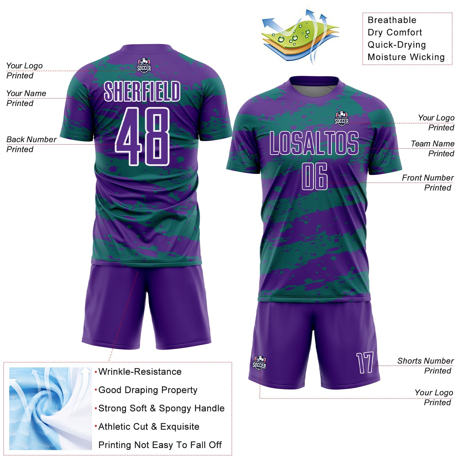 Custom Purple Teal-White Splash Sublimation Soccer Uniform Jersey view 4