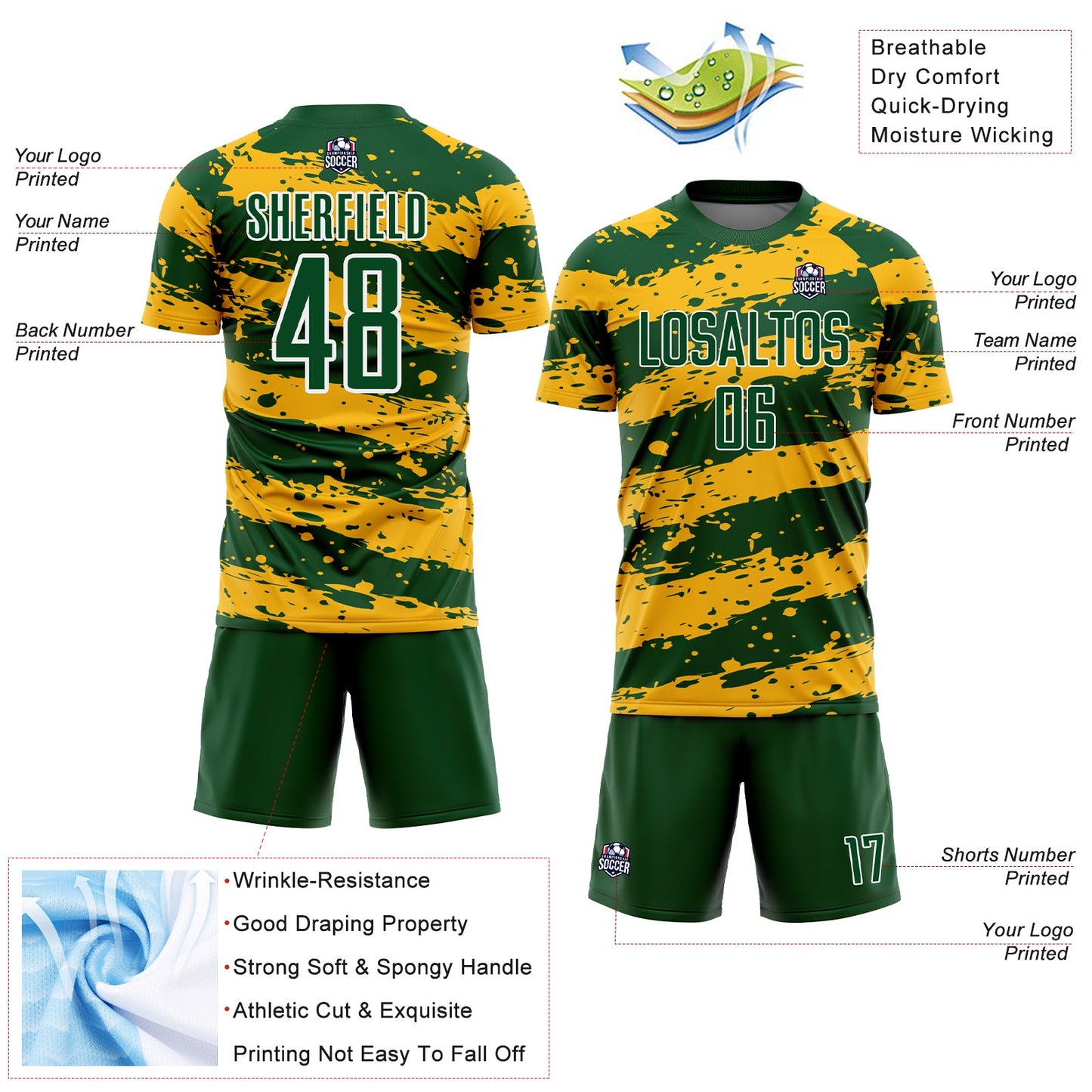 Custom Green Gold-White Splash Sublimation Soccer Uniform Jersey view 4