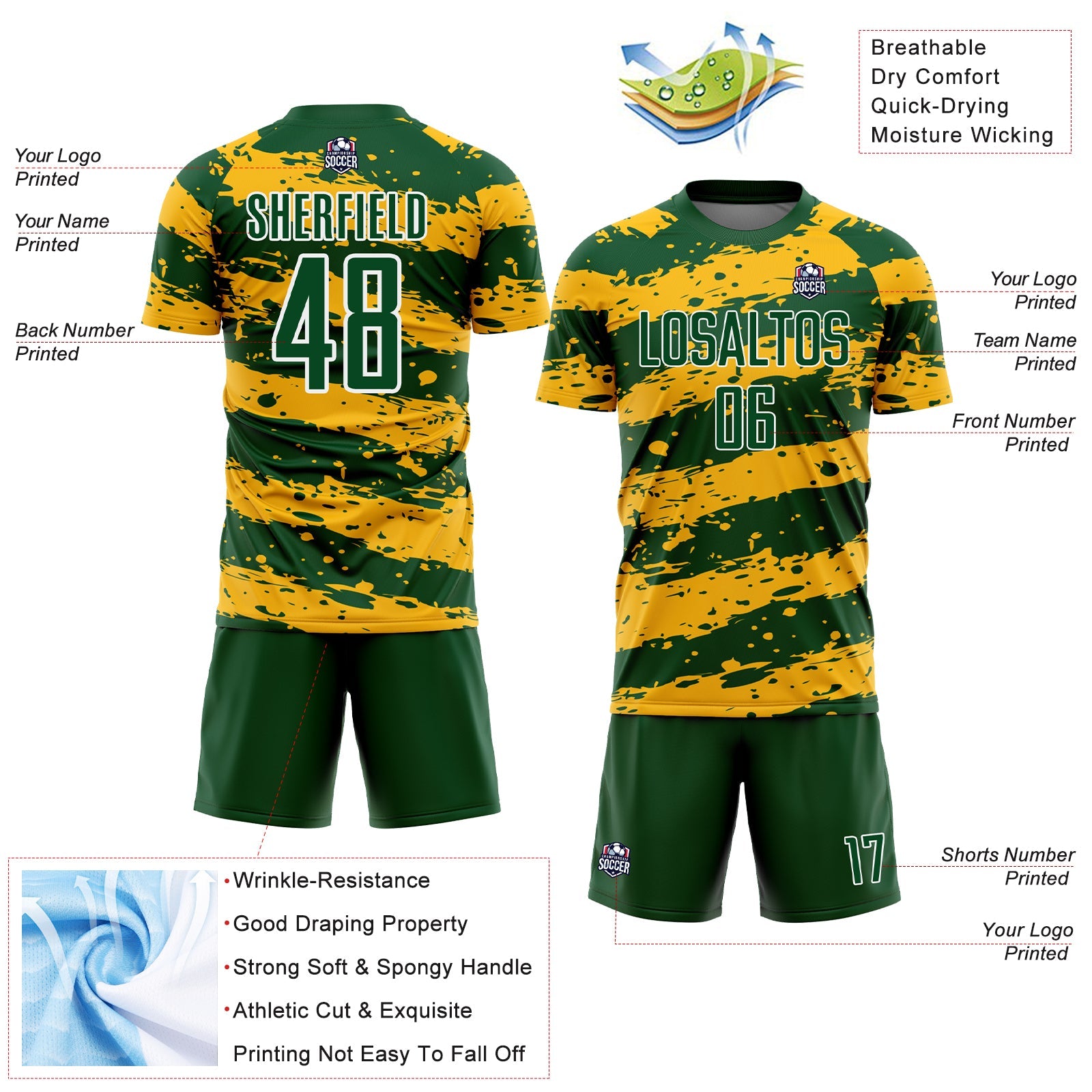 Custom Green Gold-White Splash Sublimation Soccer Uniform Jersey view 4