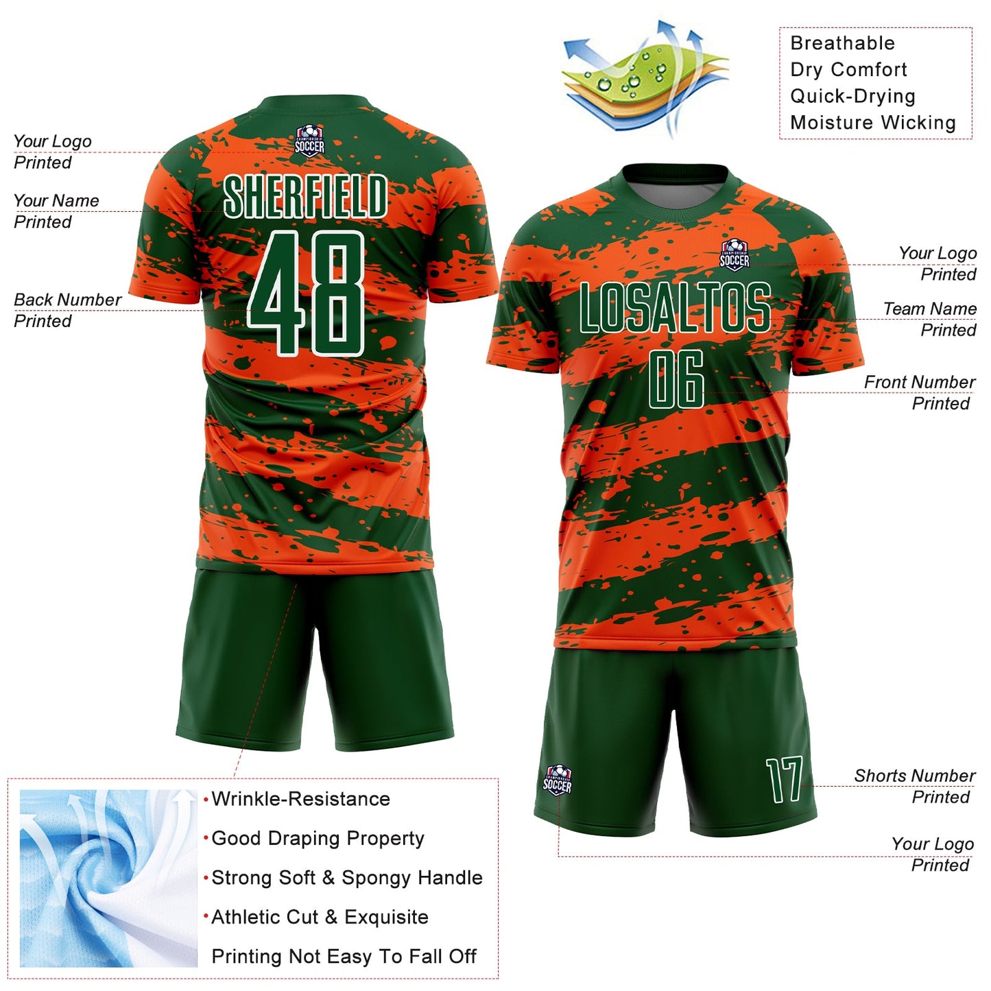 Custom Green Orange-White Splash Sublimation Soccer Uniform Jersey view 4