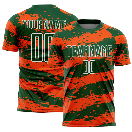 Custom Green Orange-White Splash Sublimation Soccer Uniform Jersey - Main View