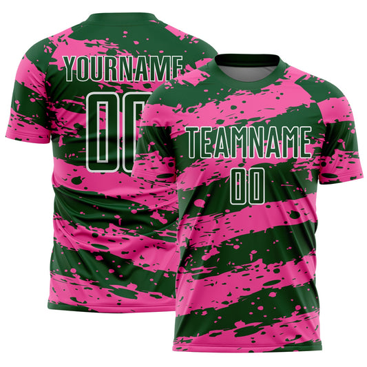 Custom Green Pink-White Splash Sublimation Soccer Uniform Jersey - Main View