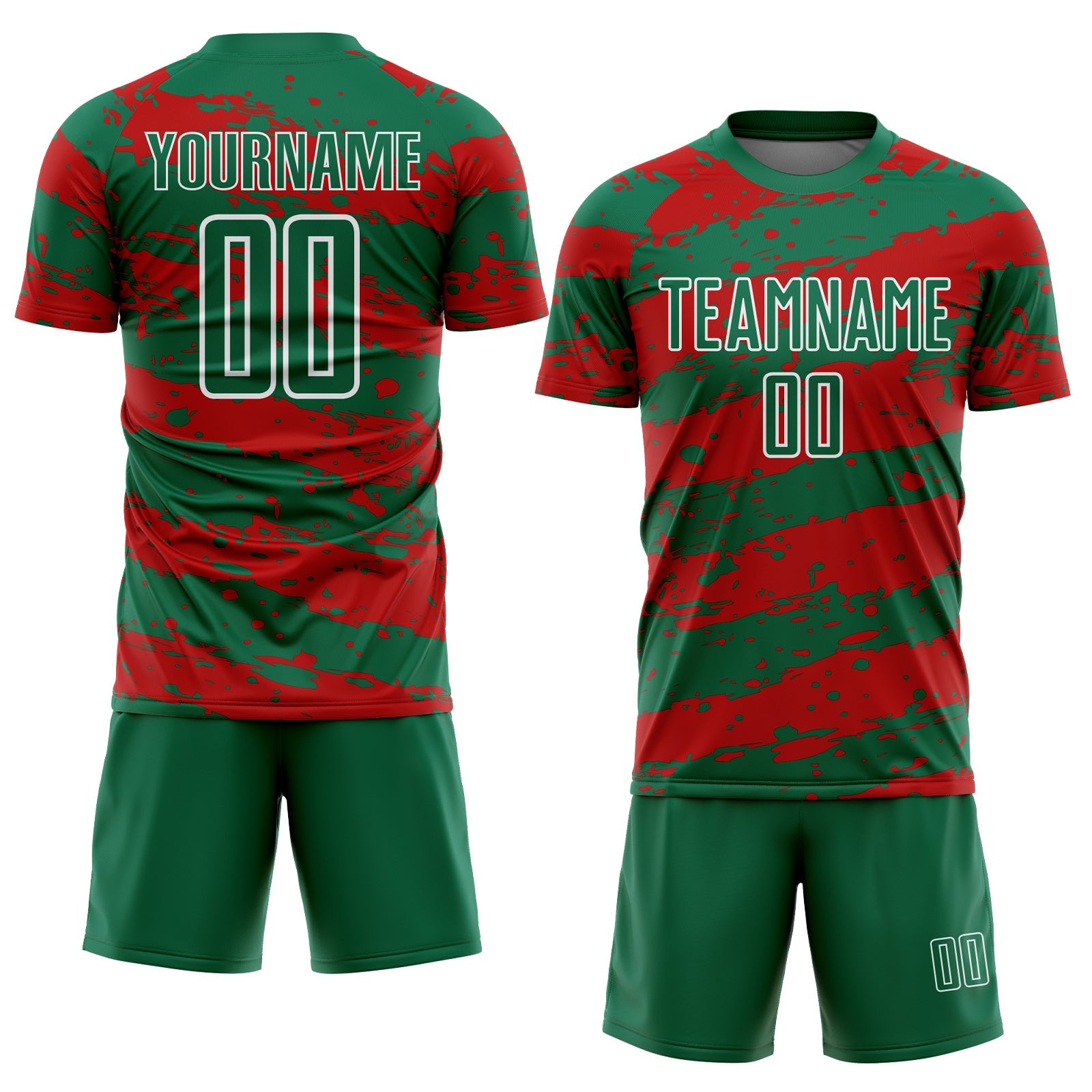 Custom Kelly Green Red-White Splash Sublimation Soccer Uniform Jersey view 2