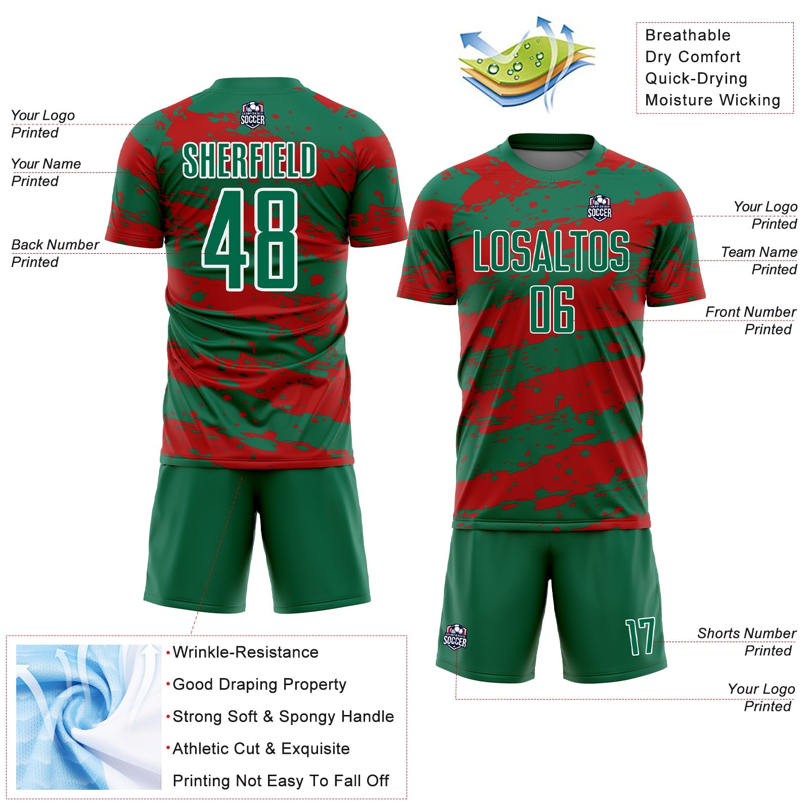 Custom Kelly Green Red-White Splash Sublimation Soccer Uniform Jersey view 4