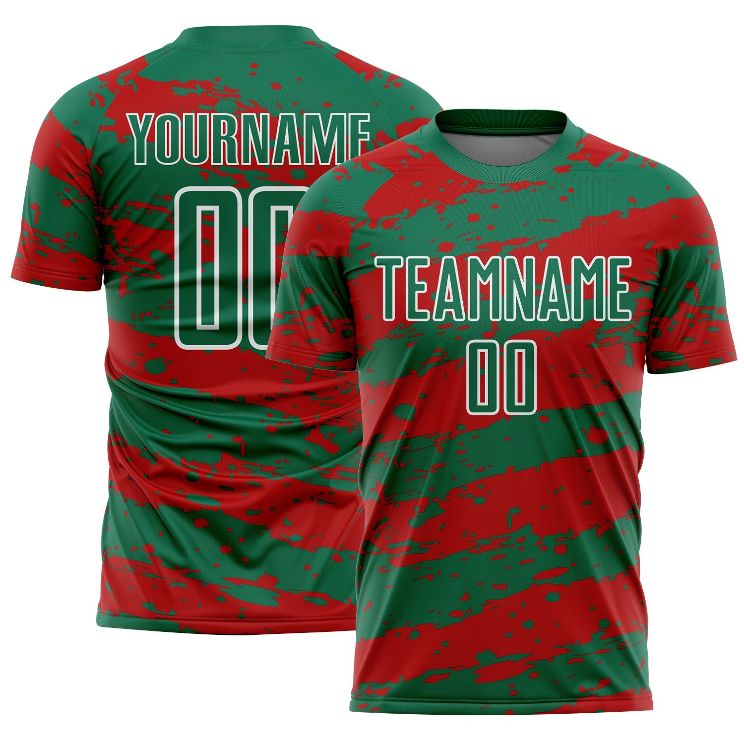 Custom Kelly Green Red-White Splash Sublimation Soccer Uniform Jersey - Main View
