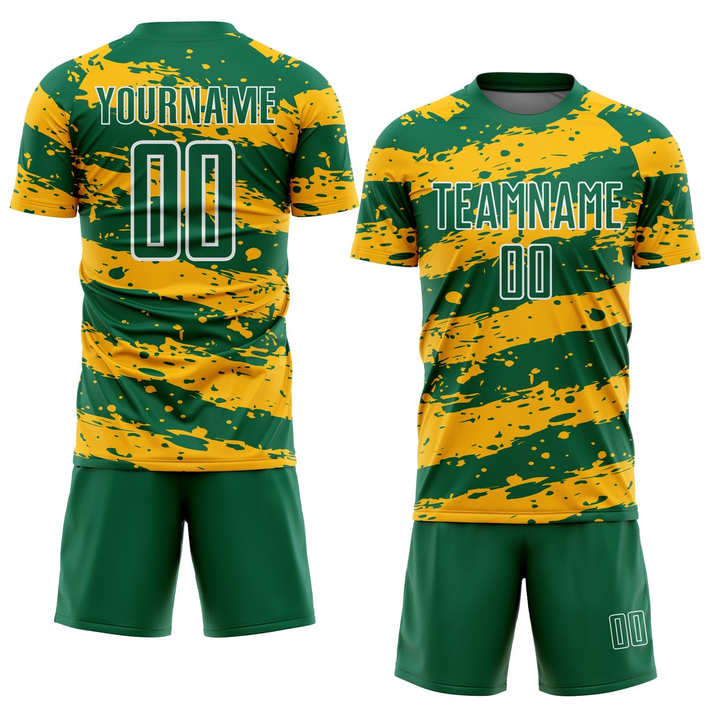 Custom Kelly Green Gold-White Splash Sublimation Soccer Uniform Jersey view 2