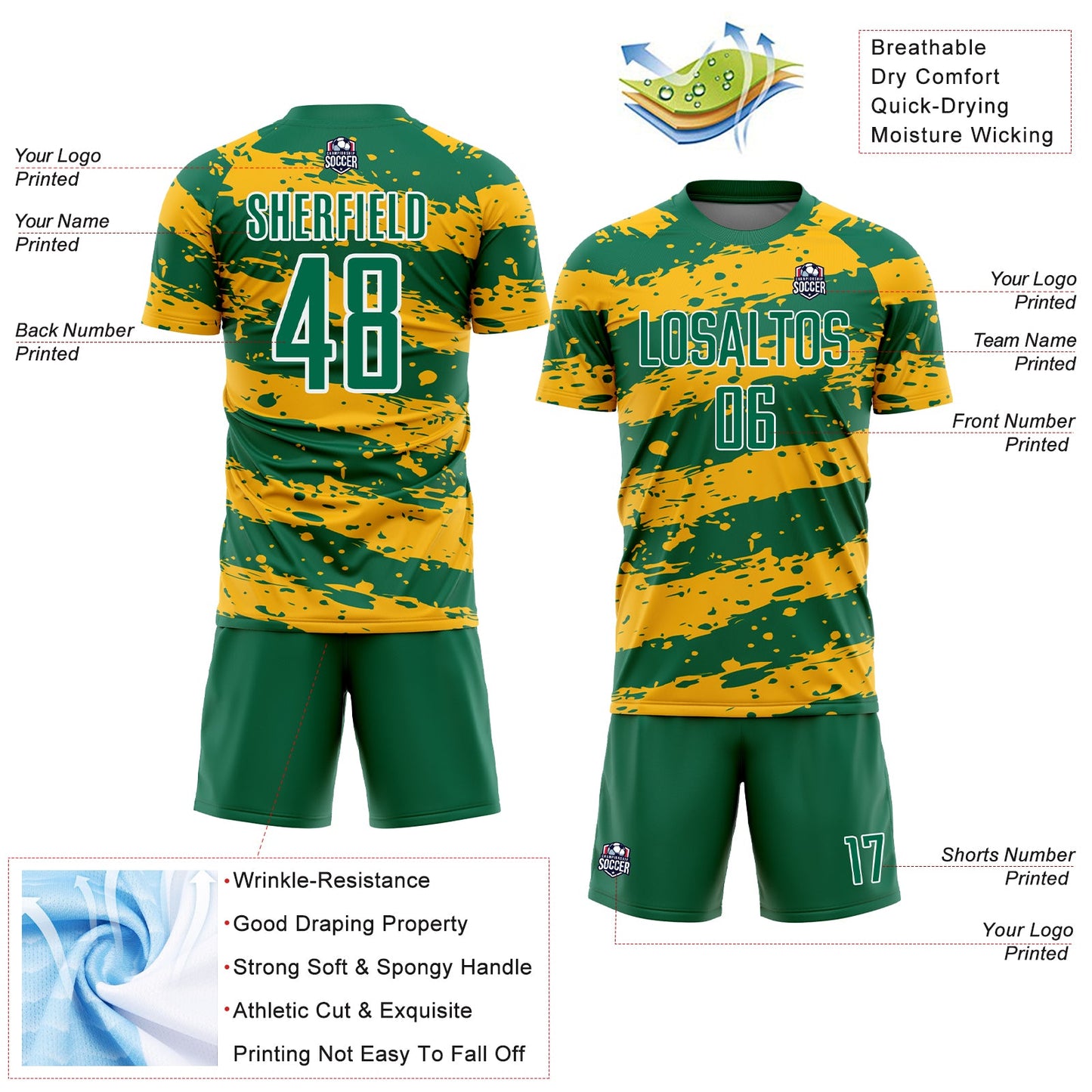 Custom Kelly Green Gold-White Splash Sublimation Soccer Uniform Jersey view 4