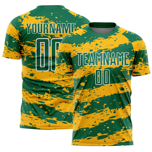 Custom Kelly Green Gold-White Splash Sublimation Soccer Uniform Jersey - Main View