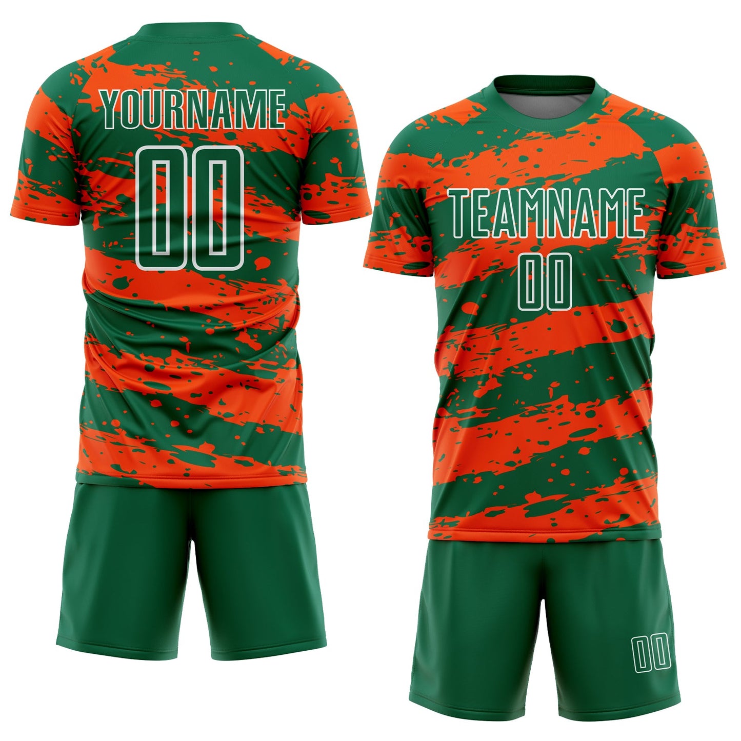 Custom Kelly Green Orange-White Splash Sublimation Soccer Uniform Jersey view 2