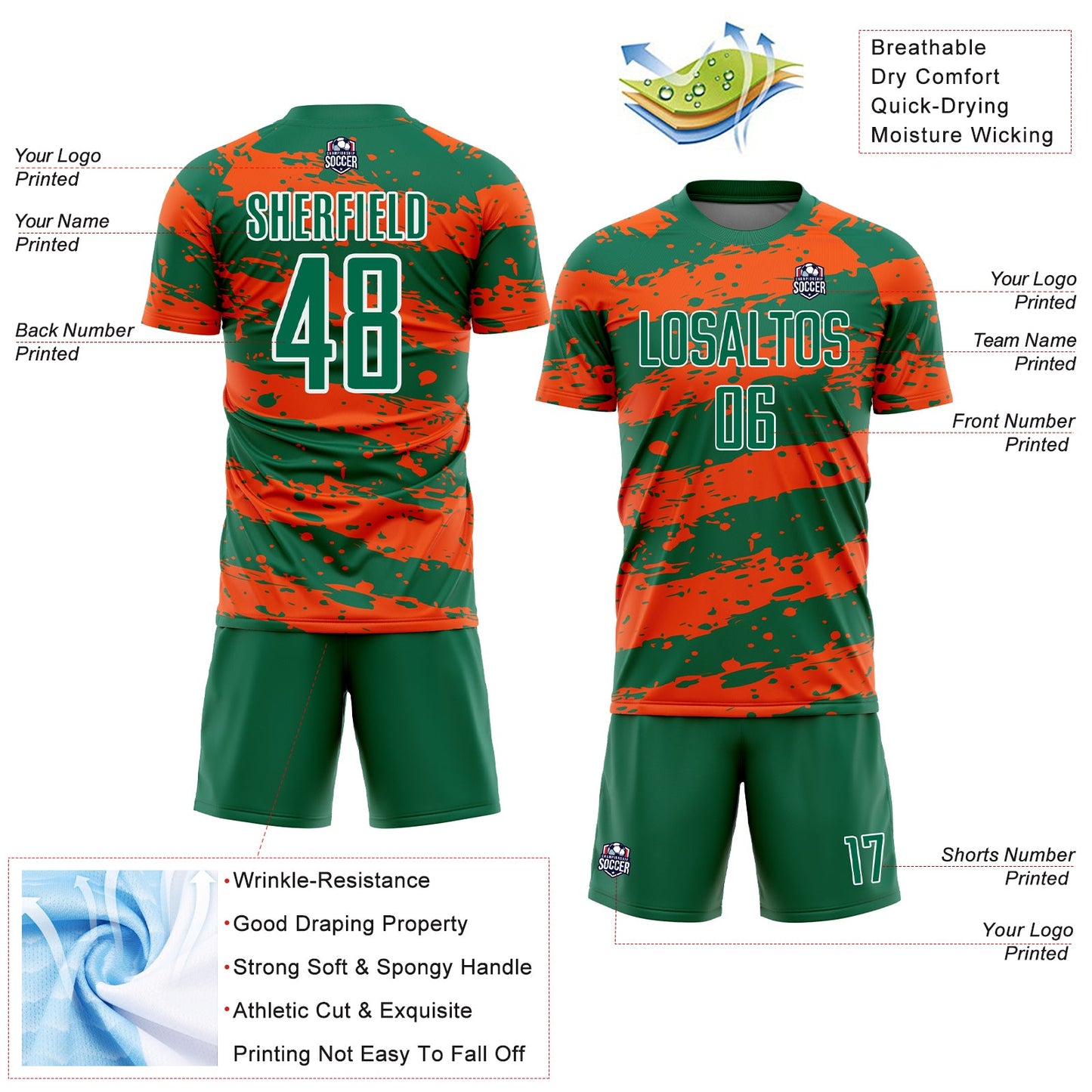 Custom Kelly Green Orange-White Splash Sublimation Soccer Uniform Jersey view 4