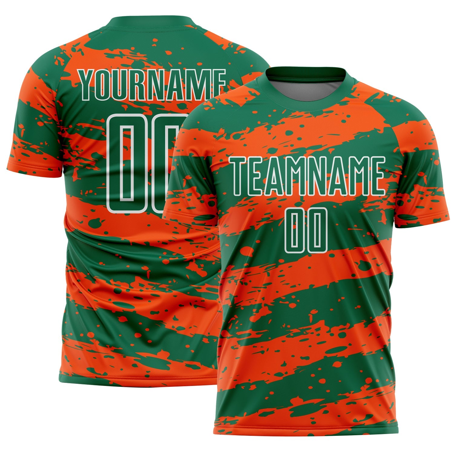 Custom Kelly Green Orange-White Splash Sublimation Soccer Uniform Jersey - Main View