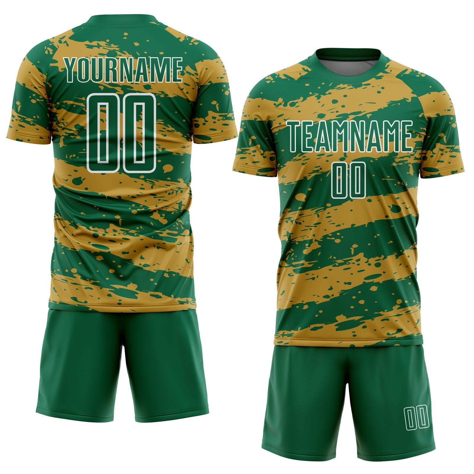 Custom Kelly Green Old Gold-White Splash Sublimation Soccer Uniform Jersey view 2