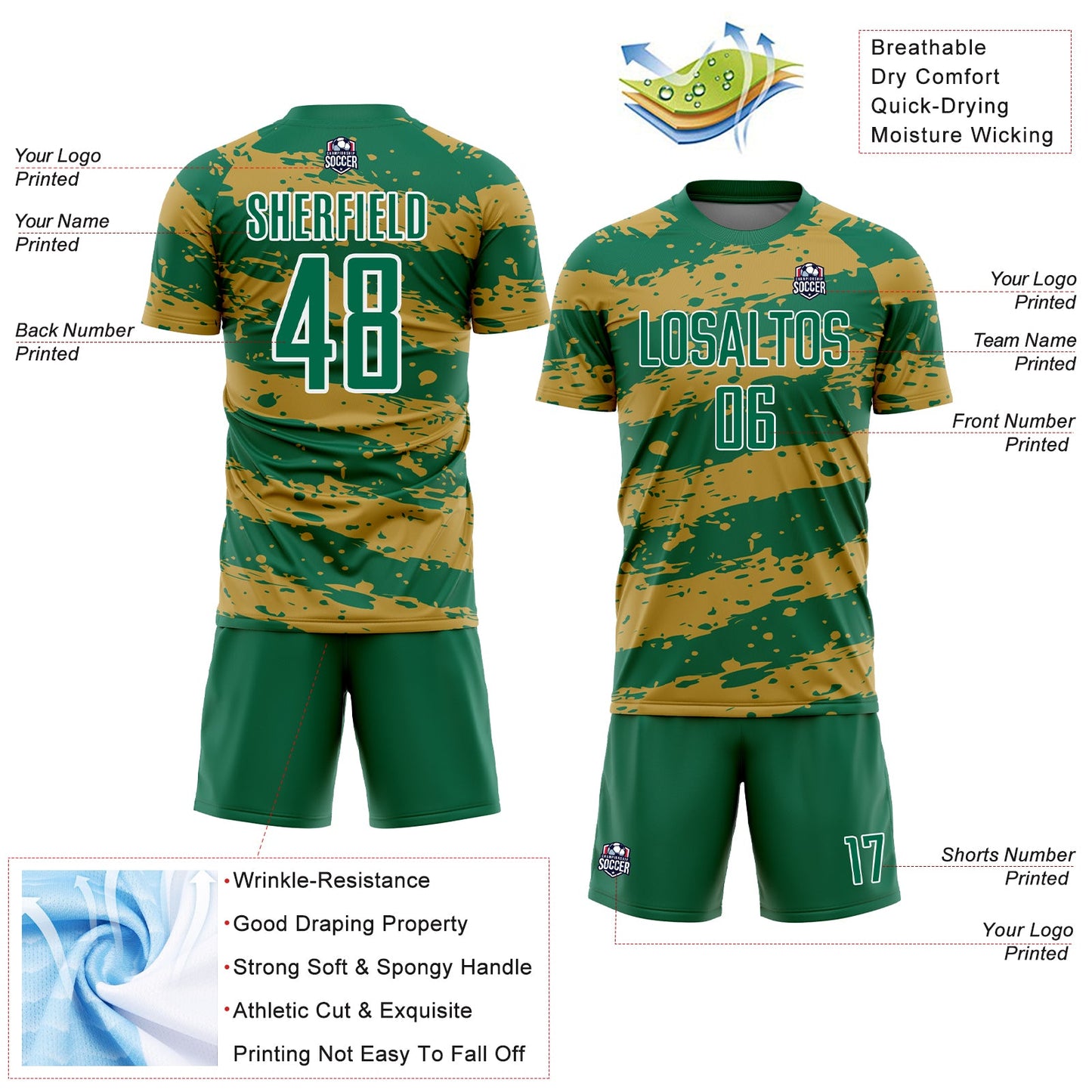 Custom Kelly Green Old Gold-White Splash Sublimation Soccer Uniform Jersey view 4