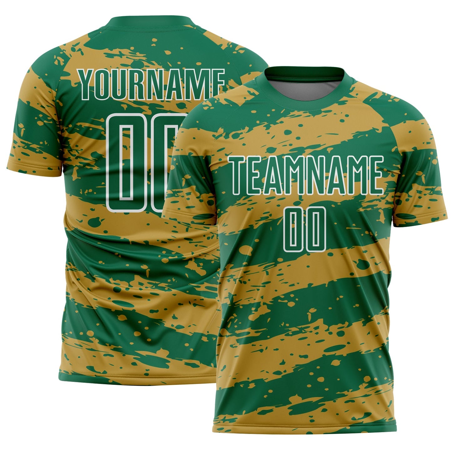 Custom Kelly Green Old Gold-White Splash Sublimation Soccer Uniform Jersey - Main View