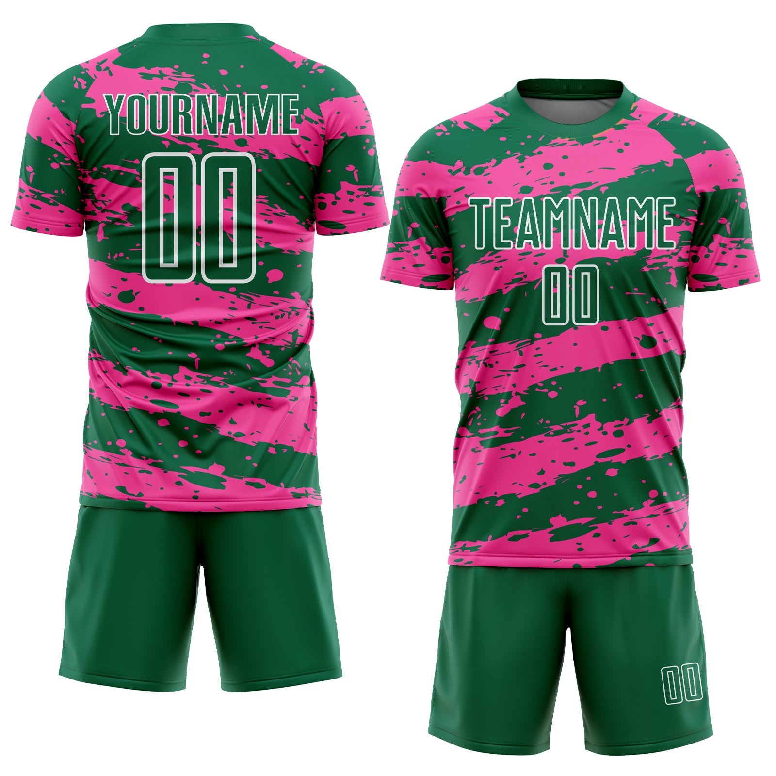 Custom Kelly Green Pink-White Splash Sublimation Soccer Uniform Jersey view 2