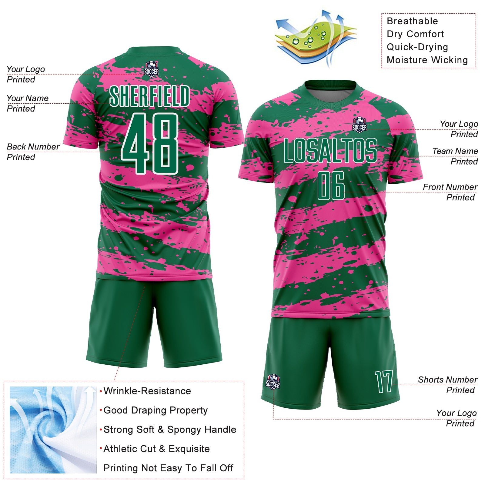Custom Kelly Green Pink-White Splash Sublimation Soccer Uniform Jersey view 4