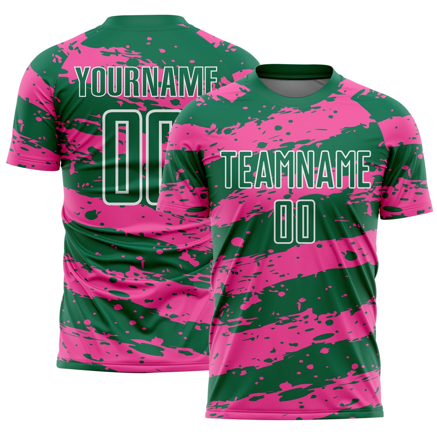 Custom Kelly Green Pink-White Splash Sublimation Soccer Uniform Jersey - Main View