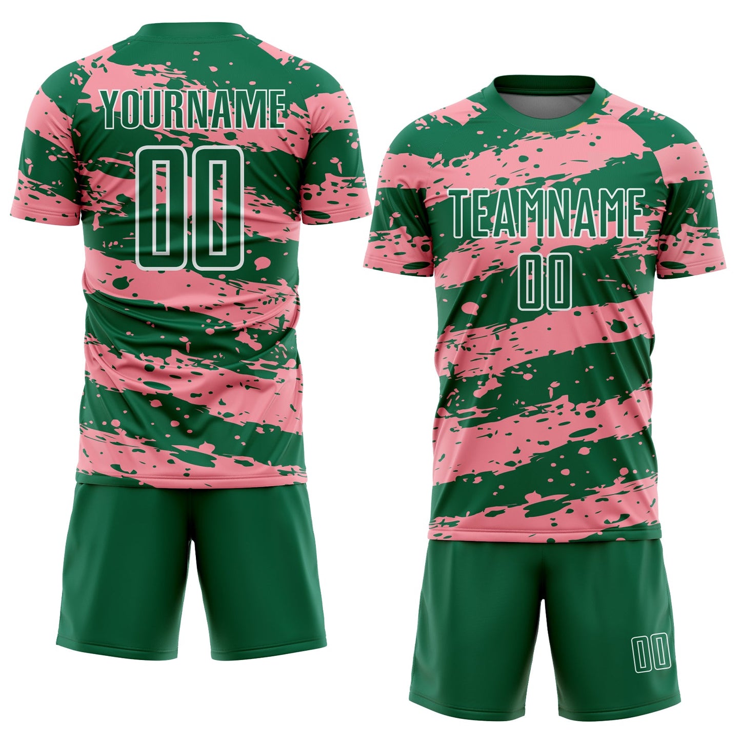 Custom Kelly Green Medium Pink-White Splash Sublimation Soccer Uniform Jersey view 2