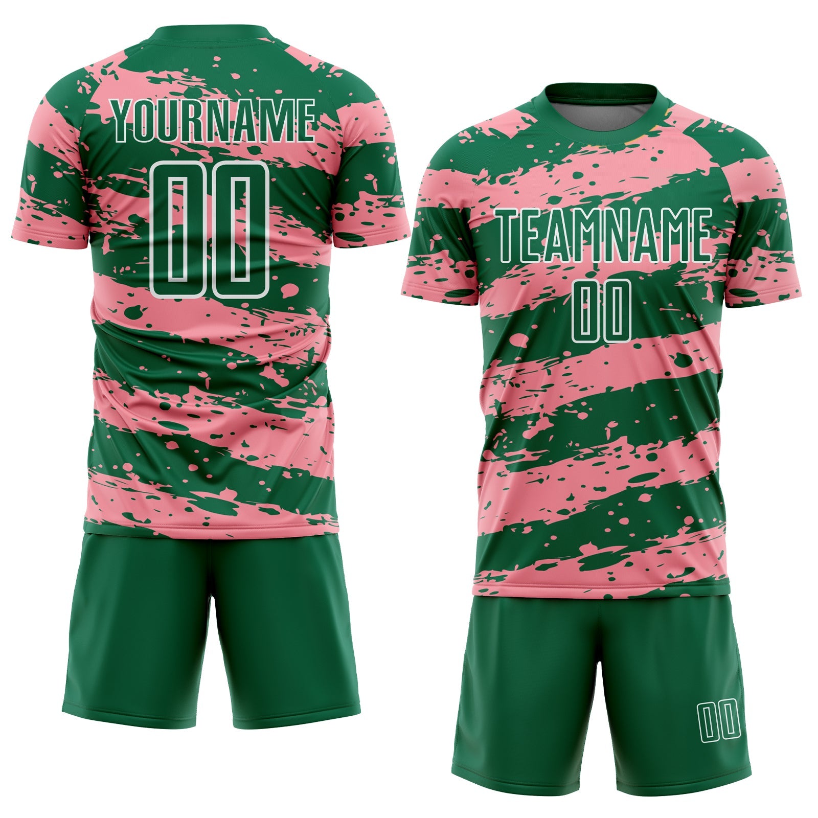Custom Kelly Green Medium Pink-White Splash Sublimation Soccer Uniform Jersey view 2