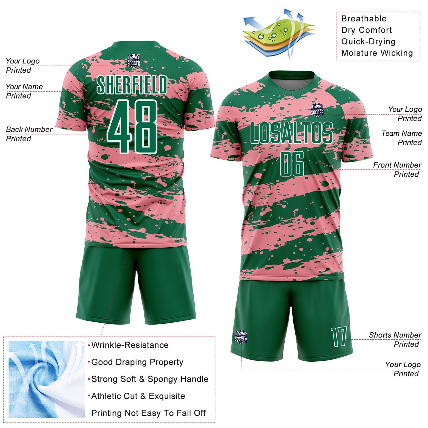 Custom Kelly Green Medium Pink-White Splash Sublimation Soccer Uniform Jersey view 4