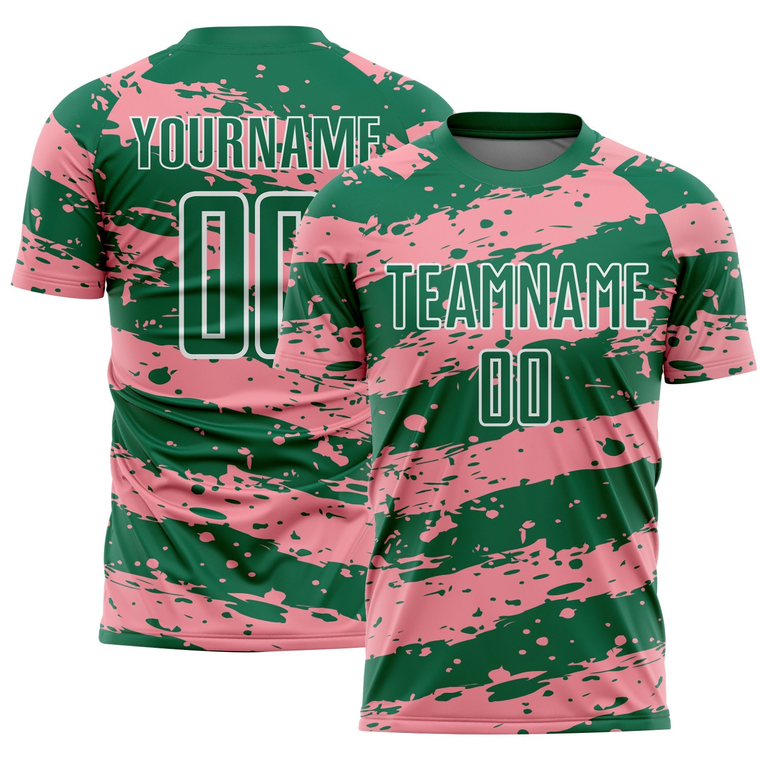 Custom Kelly Green Medium Pink-White Splash Sublimation Soccer Uniform Jersey - Main View