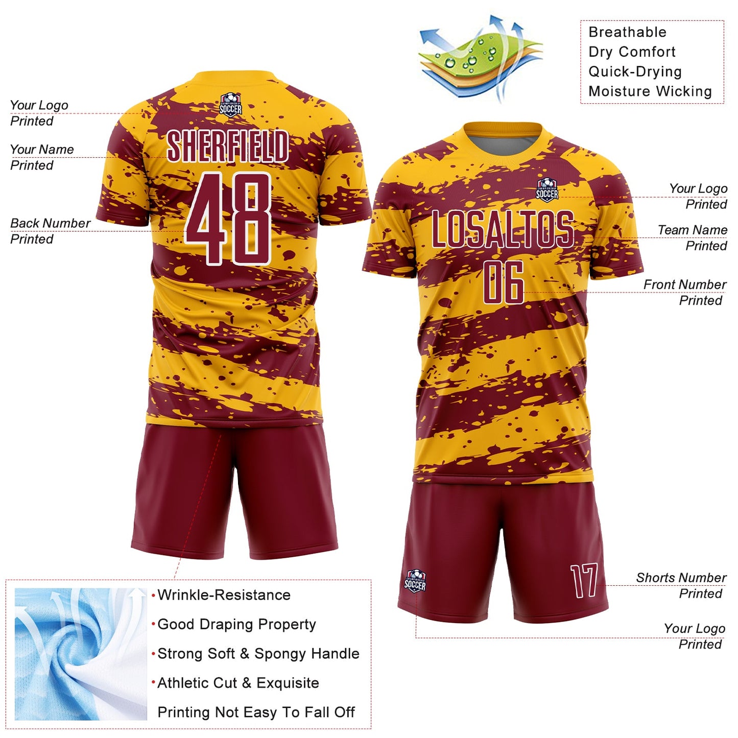 Custom Gold Crimson-White Splash Sublimation Soccer Uniform Jersey view 4