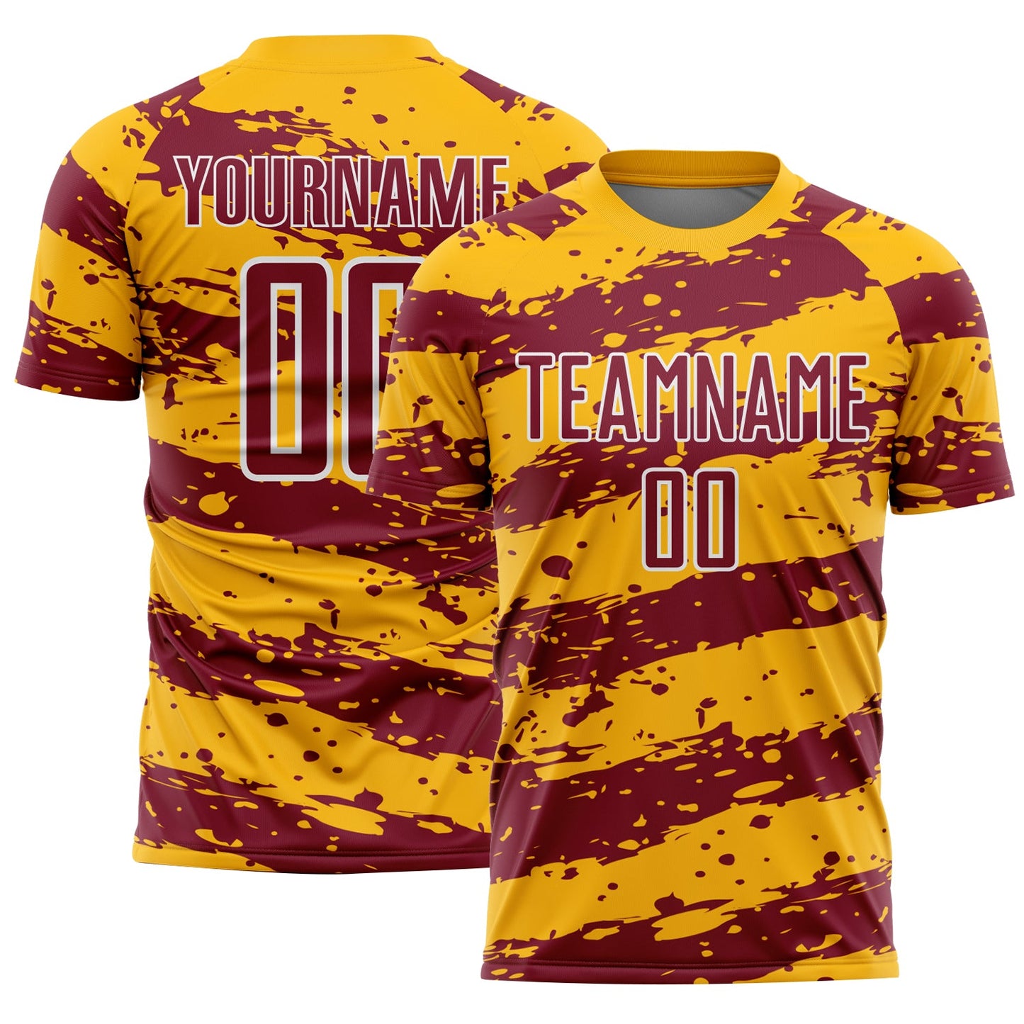 Custom Gold Crimson-White Splash Sublimation Soccer Uniform Jersey - Main View